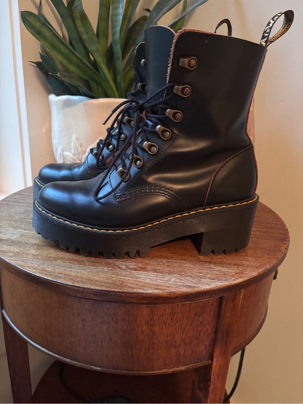 Dr. Martens Black Lace-Up Platform Combat Boots with Yellow Stitching